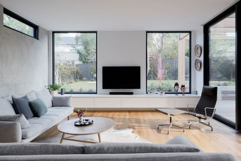 First Avenue, Kew Long Windows Living Room, Tv Wall With Windows, Tv Window, Contemporary Bungalow, Californian Bungalow, Wren House, Modern Tv Room, Living Tv, Living Area Design