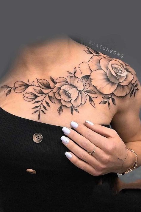 Rose Tattoo Shoulder, Floral Tattoo Shoulder, Piece Tattoo, Tattoos For Women Flowers, Flower Tattoo Shoulder, Mother Tattoos, Chest Tattoos For Women, Chest Piece Tattoos, Pretty Tattoos For Women