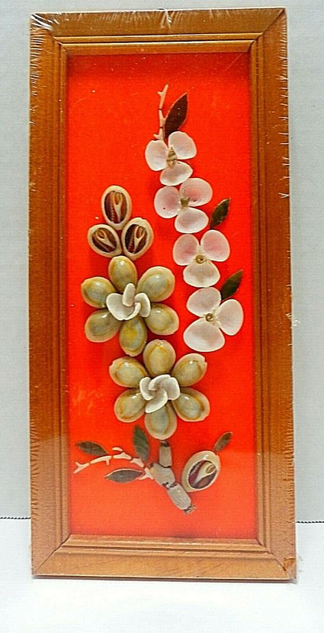 Sea Shell Flower, Vintage Shell Art, Seashell Shadow Boxes, Orange Wall Decor, Seashell Ideas, Sea Shell Art, Shell Diy, Sea Shells Diy, Art Coquillage