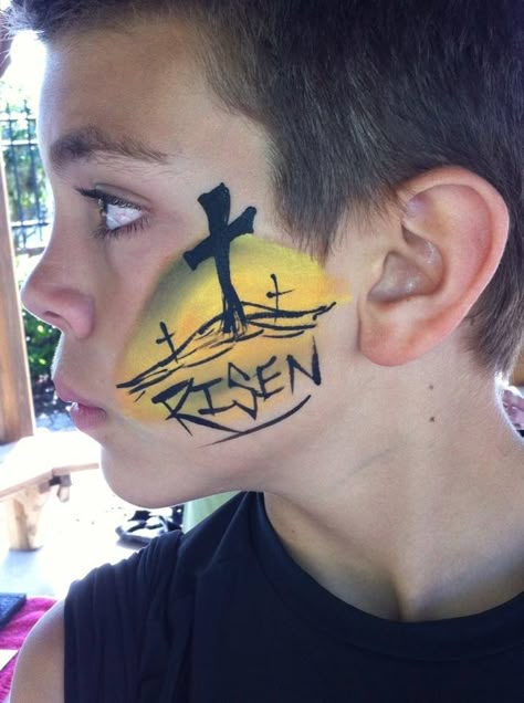 Risen cross for Easter great for boys! Cross Face Paint, Christian Face Painting Ideas For Kids, Christian Face Paint, Christian Face Painting, Easter Face Painting Boys, Easter Facepainting Ideas Easy, Face Painting For Adults Men, Fall Fest Face Painting, Fox Face Paint