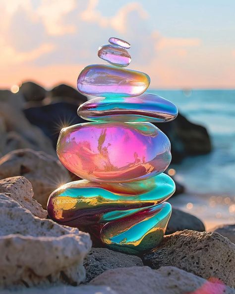 Stacked rocks are just too pretty 🥰 #iridescentart #rocks #beach #sea #sand #stackedrocks #beautiful #summervibes Rocks Aesthetic, Visual Asmr, Neverland Peter Pan, Stacked Rocks, Holographic Art, Iridescent Decor, Stacking Stones, Sea Texture, Colorful Rocks