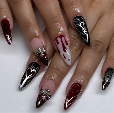 By @nailsbyskyelinh Black Silver Nails, Blood Nails, Vampire Nails, Blood Drip, Gothic Nails, Drip Nails, Nice Nails, Fully Booked, Girly Acrylic Nails