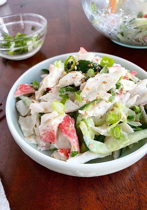 Korean Cucumber and Crab Stick Salad ⋆ Seasoned by Jin Crab Stick Recipe Ideas, Korean Oxtail Soup, Korean Salad, Korean Vegetables, Korean Cucumber, Crispy Recipes, Crab Salad Recipe, Vegetable Pancakes, Kelp Noodles