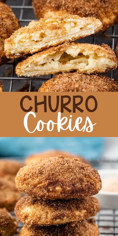 Churros Cookies Recipe Easy, Churrodoodle Cookie, Churro Cookies Easy, Cheesecake Churro Cookies, Churro Filling Recipes, Churro Donut Recipe, Joanna Gaines Churro Cookies, Churros Cookies Recipe, Mexican Pink Cookies Recipe