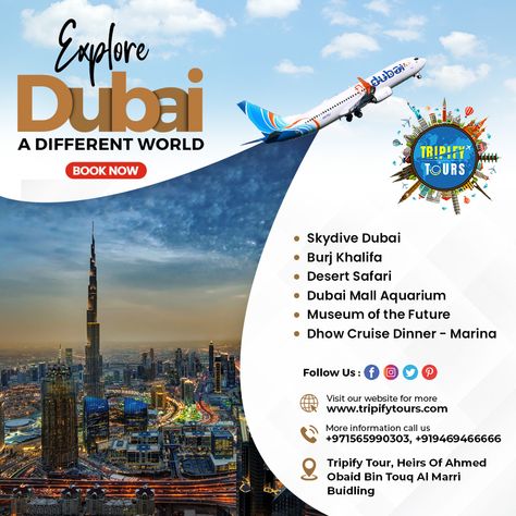 Explore the Unforgettable Wonders of Dubai with Us Book Explore Dubai Tour *Key Highlights* ✅Skydive Dubai ✅Burj Khalifa ✅Desert Safari ✅Dubai Mall Aquarium ✅Museum of the Future ✅Dhow Cruise Dinner - Marina 📞+971 565990303, +91-96466 26299 #Dubai #UAE #BurjKhalifa #TripifyTours #DubaiPackages #Desert #Safari #DesertSafari #Holidays #Travel #Dubaitravelagency #Mansoon #Vacation #DubaiTourism #Traveladvisor #WorldTour #BestDeals #Travelagent #Sunset #Iconic #Holiday #Experience #DazzlingDubai Dubai Mall Aquarium, Aquarium Museum, Dubai Tourism, London Holiday, Desert Safari Dubai, City Island, Dubai Tour, Desert Safari, Dubai Luxury