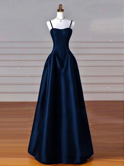 Navy Blue Dress For Prom, Dark Color Prom Dress, Closed Back Prom Dress, Pretty Prom Dresses Blue, Simple Formal Dress Classy, Dark Colour Dresses, Navy Gala Dress, Midnight Blue Satin Dress, Dark Blue Dress Elegant