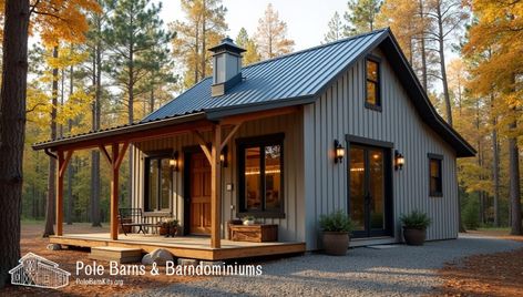 Residential Pole Barn Cabin - Customized and Affordable Mini Barn House, Pole Barn Interior Ideas, Pole Barn Cabin, Tiny Backyard House, Barn Exterior Ideas, Shed Roof Cabin, Post And Beam Cabin, Small Cabin In The Woods, Hunting Cabins