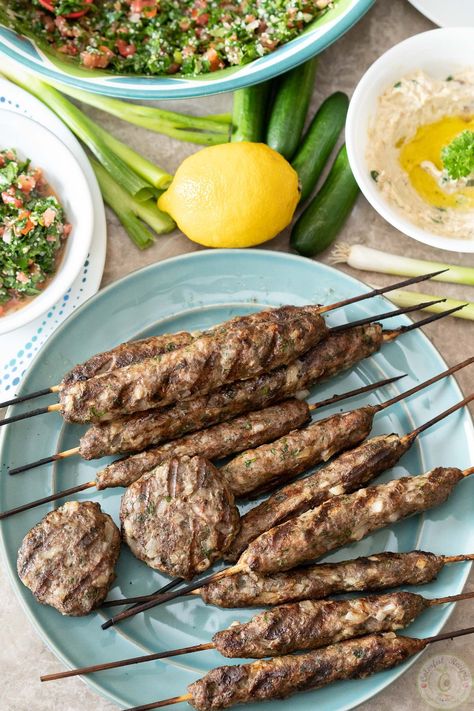 Kafta Kabob Recipe, Colorful Recipes, Lebanese Salad, Lamb Kabobs, Tabbouleh Salad, Kabob Recipes, Grilled Lamb, Ground Lamb, Greek Food