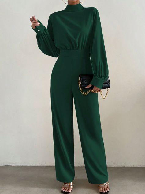 Mock Neck Lantern Sleeve Wide Leg JumpsuitI discovered amazing products on SHEIN.com, come check them out! Work Jumpsuits For Women, Green Jumpsuit Outfit Classy, Graduation Jumpsuit Outfit, Green Jumpsuit Outfit, Formal Aesthetic, Comfy Spring Outfits, Autumn Color Palette Fashion, Work Jumpsuit, Blazer Outfits Casual