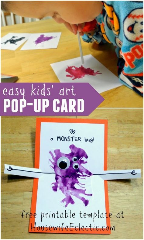 Hello again friends! I’m here today to share a fun little pop-up card featuring preschool art. This monster hug card is perfect for Valentine’s Day or just for sending to a loved one who lives far away. The pop-up folding part is more for older kids or an adult, but the art part is fun … Hug Card, Tarjetas Pop Up, Easy Art For Kids, Valentine's Day Crafts For Kids, Valentines School, Toddler Art, Fathers Day Crafts, Birthday Cards Diy, Mothers Day Crafts