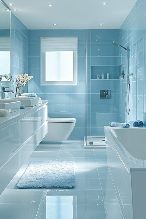 Black And Light Blue Bathroom, Blue Tiles In Bathroom, Sky Blue Tiles Bathroom, Blue Tiles For Bathroom, Light Blue Floor Tile, Bathroom Blue Tile Ideas, Coastal Beach Bathroom, Home Flooring Ideas Tile, Small Bathroom Blue Tile