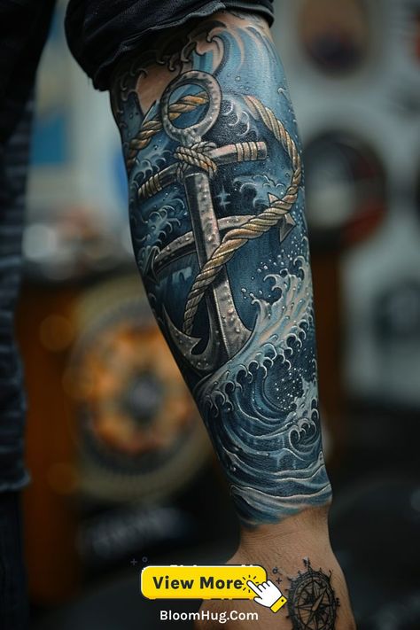 This forearm tattoo features a realistic blue anchor with detailed shading. The lifelike design gives it a striking appearance, perfect for men who appreciate realistic tattoos. Nautical Cover Up Tattoo, Kraken Forearm Tattoo, Rope Tattoo For Men, Anchor Forearm Tattoo, Navy Tattoo Ideas, Resilient Tattoo, Anchor Tattoo For Men, Sunken Ship Tattoo, Vintage Nautical Tattoo