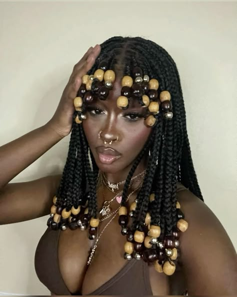 Braids, Sza inspo, box braids, knotless African Inspired Hairstyles, Bead Hairstyles Black Women, Afrocentric Hairstyles Protective Styles, Sza Braids Hairstyles, Cornrow Extensions Braids, Braided Bead Hairstyles, Layered Braids With Beads, Middle Part Ponytail Hairstyles, Black Hair Beads