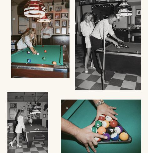 Retro Engagement Photos 1950s, Engagement Photos Playing Pool, Engagement Photos Pool Table, Pool Table Engagement Photos, Billiards Photoshoot, Pool Table Photoshoot, Disco Shoot, Table Photoshoot, Seattle Photoshoot