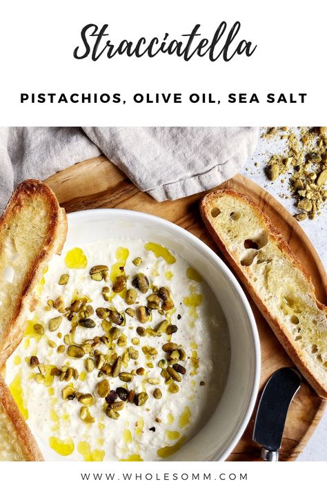 Upgrade your cheeseboard game!  Creamy stracciatella with crushed pistachios, extra virgin olive oil, and Himalayan pink salt.  Served with toasted crostini.  Paired with Pinot Grigio.   #wholesomm #vegetarian #winepairing #vegetarianwinepairing #wine #foodandwine #plantbased #vino #meatless #stracciatella #italianfood #italy #italiancheese #cheeseboard #charcuterie #cheeseboardinspo #pistachios #oliveoil #crostini #cheese #aperetivo #appetizer #easycheeseappetizer #fancycheeseball Stracciatella Recipe, Stracciatella Cheese, Toasted Crostini, Italian Diet, Cheese Appetizer, White Wine Sauce, Italian Appetizers, Vegetarian Appetizers, Fast Easy Meals