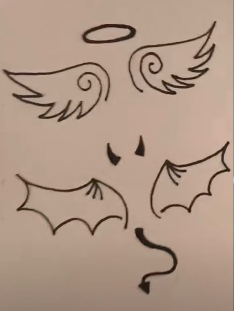 Simple Tattoos Goth, Twin Tattoos For Best Friends, Halo And Horns Tattoo, Twin Flame Tattoo Ideas Best Friends, Best Friend Halloween Tattoos, Tattoo Ideas Female Easy, Sharpie Jeans, Evil Twin Tattoo, Small Devil Tattoo