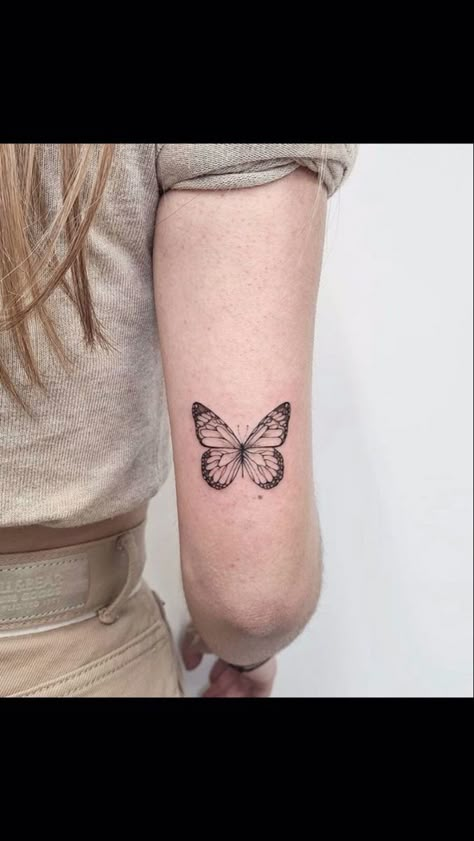 Fineline Monarch Butterfly Tattoo, Painted Lady Butterfly Tattoo Black And White, Back Of The Arm Butterfly Tattoo, Butterfly Tricep Tattoo, Butterfly On Back Of Arm, Back Of Arm Butterfly Tattoo, You Are Loved Tattoo, Butterfly Tattoo Upper Arm, Butterfly Tattoo Back Of Arm