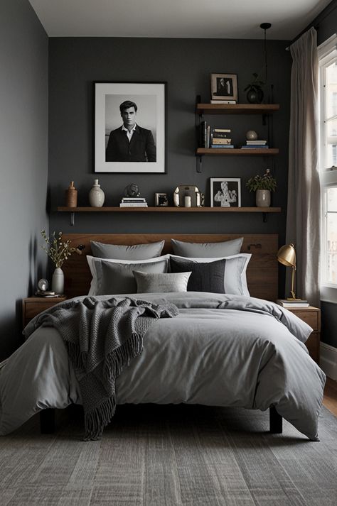 Design a sophisticated grey bedroom in a compact space with these unique ideas! From statement headboards to clever organization, achieve a modern masculine look perfect for small apartments or tiny bedrooms. Grey tones create a timeless appeal while maximizing every inch of space. Modern Men’s Bedroom, Chic Grey Bedroom, Modern Masculine Bedroom, Clever Organization, Masculine Room, Man Bedroom, Grey Bedroom Ideas, Masculine Bedroom, Tiny Bedrooms