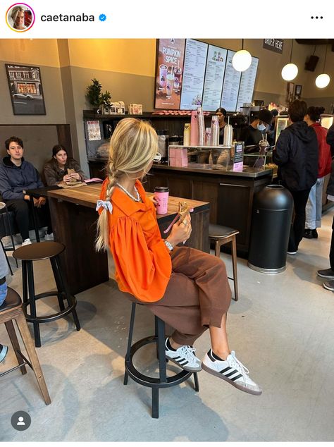 Braided Hair Outfit, Dressing Up Sneakers, Orange Sneakers Outfit, Colorful Outfit, Sneaker Outfits, Orange Sneakers, Orange Blouse, Braided Hair, Dressing Up