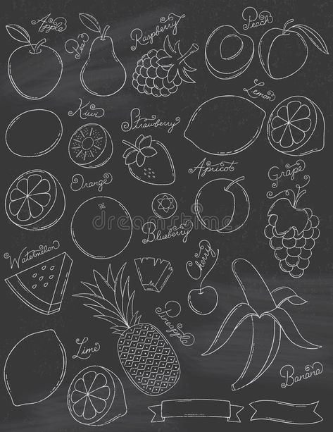 Doodle Fruit, Fruit Clip Art, Fruit Doodle, Chalkboard Projects, Chalkboard Wall Art, Chalkboard Doodles, Chalkboard Writing, Drawn Food, Lemons And Limes