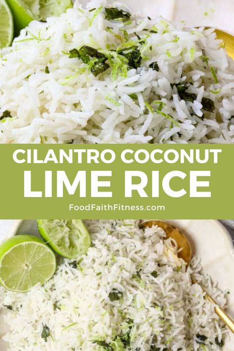 Fluffy jasmine rice infused with coconut milk, zesty lime, and fresh cilantro - a taste of the tropics! Cocunut Rice, Fluffy Jasmine Rice, Coconut Jasmine Rice, Coconut Lime Rice, Jasmine Rice Recipes, Cilantro Lime Rice Recipe, Coconut Milk Rice, Lime Rice Recipes, Fluffy Bed