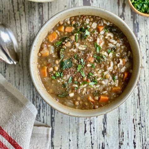 Lentil and brown rice soup recipe   Instant Pot version Lentil And Brown Rice Soup, Rice Soup Instant Pot, Lentils And Brown Rice, Brown Lentil Soup, Soup Recipe Instant Pot, Brown Rice Soup, Recipe Instant Pot, Lentil Soup Recipe, Rice Soup Recipes