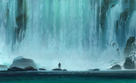 Paul Lasaine, Mystical Waterfall, Waterfall Illustration, Digital Beauty, Secret Passage, Games Design, 8bit Art, Landscape Concept, Matte Painting