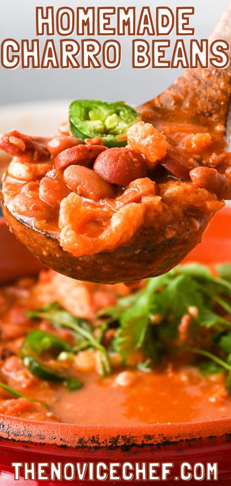 Mexican Beans With Hot Dogs, Charro Beans With Chicharrones, Charo Beans Recipe, Mexican Cowboys, Mexican Beans Recipe, Mexican Bean Soup, Beans From Scratch, Easy Spanish Recipes, Homemade Chorizo