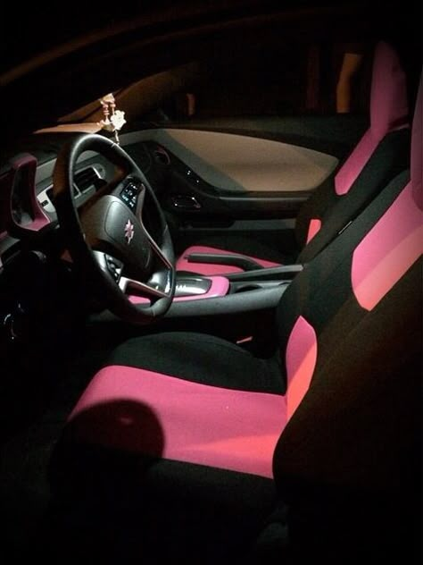 The inside of my black and pink Camaro Pink Camaro, Pink Car Interior, Camaro Accessories, Pink Mustang, Camaro Black, Black Camaro, Camaro Interior, Mustang Interior, Single Cab Trucks