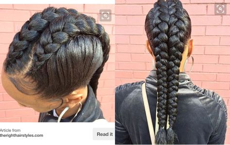 4-6 Feed In Braids Cornrows, 2 Big Braids With Weave, Mohawk Braid With Extensions, Faux Hawk Braid Ponytail, Braided Faux Hawk, Bubble Braid Faux Hawk, Braided Faux Hawk Black, Two Goddess Braids, Braided Mohawk Hairstyles