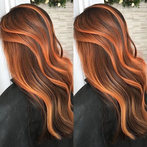 Brown Hair Chunky Highlights, Hair Chunky Highlights, Burnt Orange Highlights, Dark Orange Hair, Orange Brown Hair, Dark Brown Hair With Highlights, Vivid Hair, Golden Brown Hair, Orange Highlights