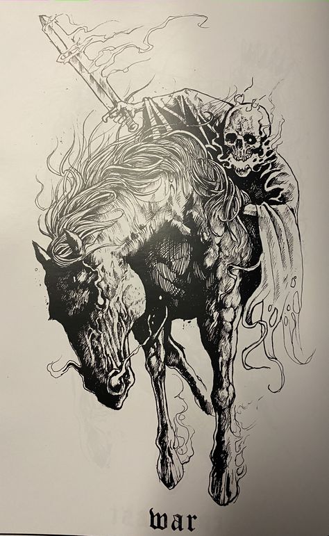 Apocalypse Tattoo, Armband Tattoos, Horsemen Of The Apocalypse, Creepy Tattoos, Dark Art Tattoo, Horse Tattoo, Bleach Art, Dark Tattoo, Dark Art Illustrations