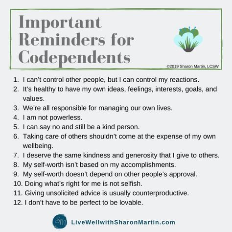 Sharon Martin, Healthy Affirmations, Important Reminders, Codependency Recovery, Codependency Relationships, Relationship Help, Daily Reminders, Mental And Emotional Health, Self Care Activities