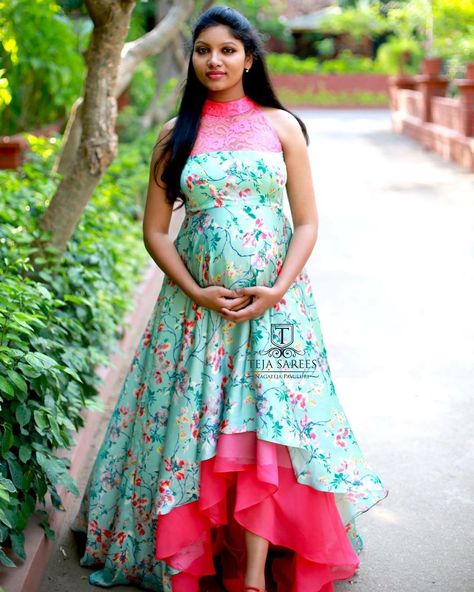 1,385 Likes, 4 Comments - Teja Sarees (@tejasarees) on Instagram: “A moment in my Tummy.. a lifetime in my Heart...” Maternity Frocks Indian, Maternity Frocks, Dress From Saree, Brocade Anarkali, Gowns Indian, Gown Party Wear, Lehnga Dress, Frock For Women, Long Kurti Designs