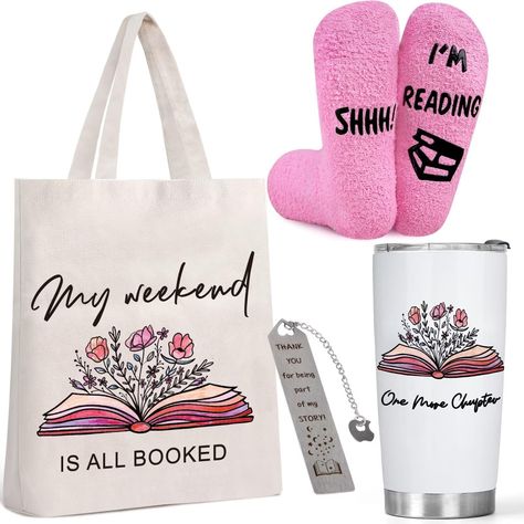 PRICES MAY VARY. Book Lovers Gifts for Women - The set for book lover includes a book themed tote bag, a pair of comfy socks, a 20 oz stainless steel tumbler and a bookmark. They are nicely packaged in a box and ready to be given to friends, teachers, family members, or book club members that like reading. Size - The white tumbler cup with lid measures approx. 3.5 inches / 9 cm in diameter and approx. 7 inches /18 cm in height; reading tote bag measures about 14.5 x 9 x 3 inches /37 x 23 x 8cm, Gifts For Book Lovers Zazzle, Mother Daughter Vacation Gifts, Cheap Bookish Bags For Daily Use, Book Guft Basket, Basket For Teenager Thespian, Viynal Gifts, Gifts With Cricket, Gifts For Adult Daughter Cricut, Secret Santa Book Gifts