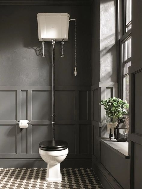 Creating a Victorian-Influenced Bathroom | Sanctuary Bathrooms Toilet Panelling, Toilets Designs, Church Bathroom, Low Level Toilet, Stiffkey Blue, Luxury Toilet, Bathroom Entrance, Toilet Cistern, Victorian Bathroom