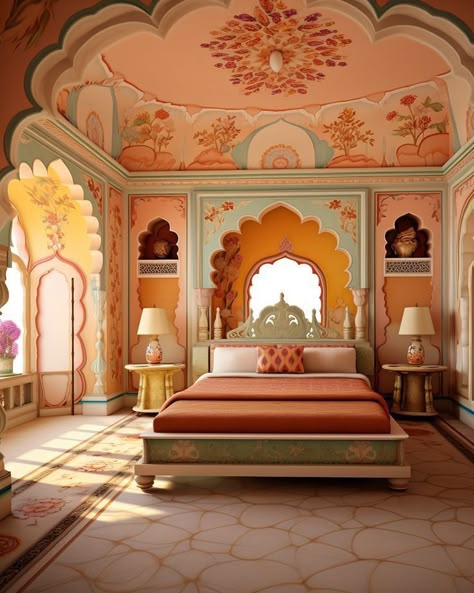 Indian Theme Bedroom Design, Bohemian Hotel Room, Minimal Modern Interior Design, Sundar Kand, Haveli Design, Moroccan Style Home, Mural Cafe, Open Living Room Design, Hawa Mahal