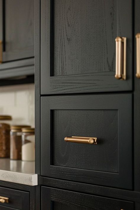 Uncover a world of possibilities with 50+ stunning ideas for modern farmhouse black kitchen cabinets, adding a touch of timeless elegance to your home decor. Black Painted Oak Kitchen Cabinets, Black Transitional Kitchen, Timeless Modern Farmhouse Kitchen, Black Cabinet Farmhouse Kitchen, Black Cabinets With Bronze Hardware, Modern Farmhouse Kitchen Black Cabinets, Farmhouse Black Cabinets, Organic Modern Black Kitchen, Modern Mountain Kitchen Cabinets