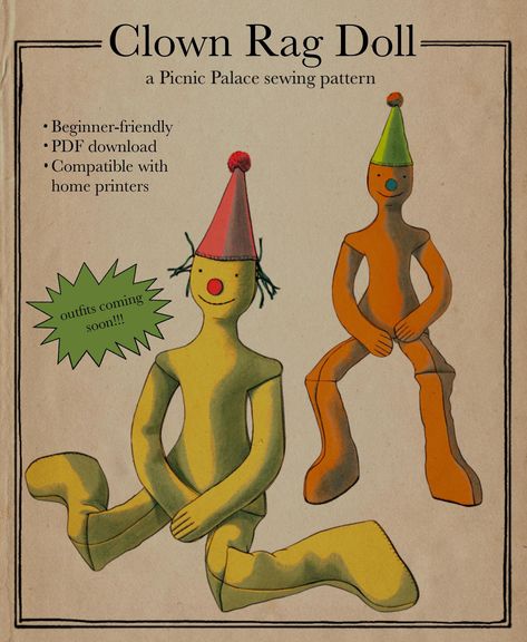 This rag doll pattern makes exactly the type of doll I always wanted as a kid (and, let's be honest, also as an adult); it's weighted, substantial, and just the right combination of articulated and a little floppy. It's the perfect blank template for your creative doll-making! The finished doll is 22" tall, including his hat. Pattern printing instructions: Print the file on any home printer at 100% scale, and verify that it printed correctly by measuring the 2"x2" test square. Tape the sheets of paper together using the registration marks to align them properly. See the diagram on the next page to figure out which pages connect to which. Cut out all the pattern pieces.  Tools and Supplies: -½ yard of fabric (I used linen canvas because it was what I had, and it worked fine, but a soft flee Rag Doll Sewing Pattern, Cute Sewing Projects, Rag Doll Pattern, Cute Clown, Sewing Stuffed Animals, Doll Sewing, Doll Sewing Patterns, Clothes Sewing Patterns, Be Honest