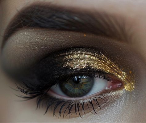 Gold Black Makeup Looks, Gold And Black Eyeshadow, Gold Goth Makeup, Gold And Black Makeup Looks, Black And Gold Makeup Looks, Black And Gold Eye Makeup, Black Gold Makeup, Black Makeup Looks, Witchy Makeup