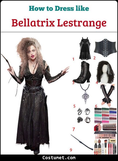 Bellatrix Lestrange (Harry Potter) Costume for Cosplay & Halloween 2022 Harry Potter Costume Bellatrix Lestrange, Harry Potter Villians Costume, Bellatricks Lestrange Costume, Voldemort And Bellatrix Costume, Bellatrix Lestrange Outfit Ideas, Belatrix Lastrenge Costume Diy, Tonks Harry Potter Costumes, Diy Bellatrix Lestrange Costume, Beatrix Lestrange Costume