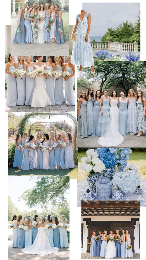 Blue Shades Bridesmaids, Steel Blue Bridesmaid Dresses Grey Suits, Blue Bridesmaid Dresses Mismatched With Groomsmen, Blue Theme Bridesmaid Dresses, Shades Of Blue For Wedding, Shades Of Blue Bridal Party, Baby Blue Bridal Party, Blue Mixed Bridesmaid Dresses, Different Blue Bridesmaid Dresses