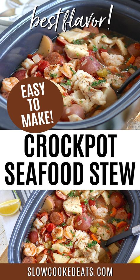 If you're looking for a flavorful and easy meal that will fill your kitchen with the enticing aromas of the sea, then this Slow Cooker Seafood Stew is the perfect crockpot meal idea. This seafood recipe combines tender cod, juicy shrimp, and delicious smoked sausage, all cooked together in a rich, flavorful broth. Crockpot Seafood Stew is sure to become a family favorite! Crockpot Fish Stew, Slow Cooker Seafood, Crockpot Seafood, Seafood Stew Recipes, Slow Cooker Dinner Recipes, Crockpot Meal, Crockpot Stew, Seafood Recipe, Juicy Shrimp