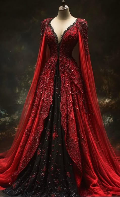 Evil Queen Ball Gowns, Vampire Evening Gown, Red Queen Gown, Black And Red Gown Elegant, Vampire Gown Victorian Gothic, Vampire Inspired Dress, Gala Dress Ideas, Fantasy Gowns Red, Princess Dresses Medieval