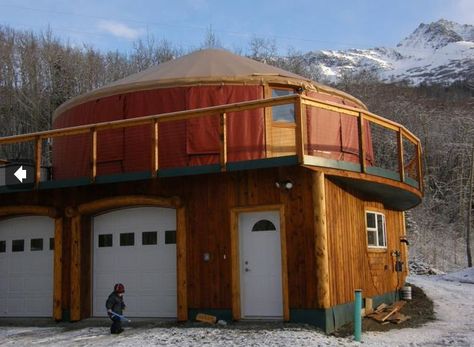 Garage under yurt Yurt Exterior, Yurt House, Yurt Ideas, Pacific Yurts, Alaskan Homes, Tank House, Two Story Garage, Armadura Ninja, Yurt Home