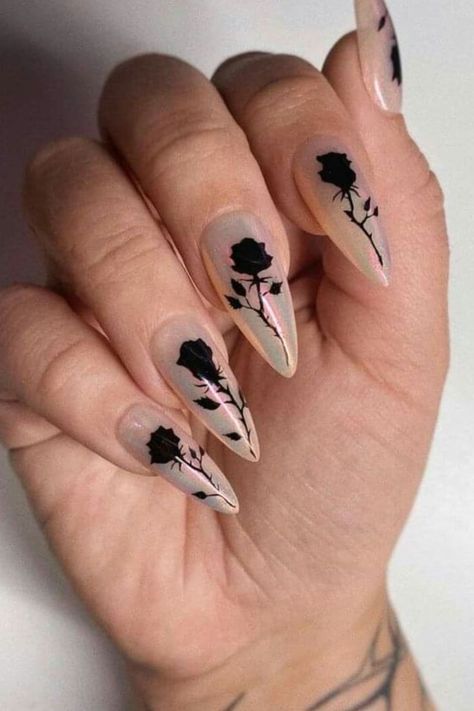 Rose Nail Design, Gothic Nail Art, Witchy Nails, Rose Nail Art, Black Acrylic Nails, White Glitter Nails, Lace Nails, Gothic Nails, Floral Nail Designs