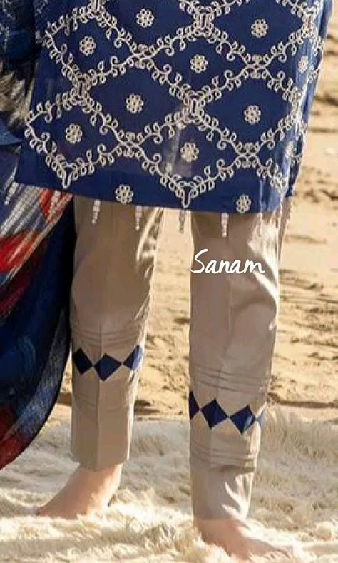 trouser ke design 2024 Capri Designs Pakistani Lawn, Pant Plazo Design, Trouser Bottom Design, Trouser Designs Pakistani, Simple Suit Designs, Mohri Design, Plazzo Designs, Plazo Designs, Plazo Design