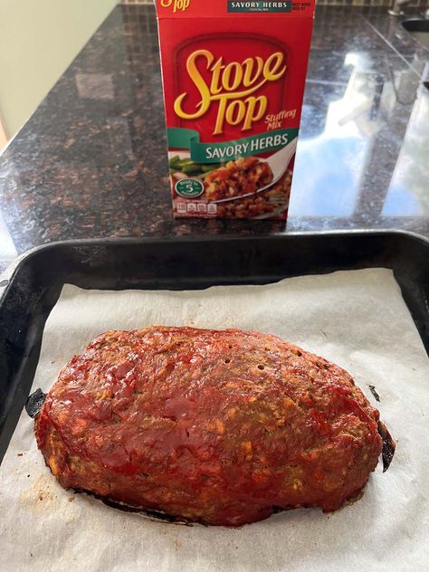 This delicious Stove Top Stuffing Meatloaf is about to be a new family favorite! The recipe uses stuffing mix instead of breadcrumbs for a boost of home-cooked flavor. Meatloaf With Boxed Stuffing, Cornbread Stuffing Meatloaf, Meatloaf With Stuffing Recipes, Easy Meatloaf With Stove Top Stuffing, Stove Top Meatloaf Recipes Easy, Stovetop Meatloaf Recipes, Meatloaf Made With Stove Top Stuffing, Meatloaf Stuffing Recipe, Stuffing Meatloaf Stove Top