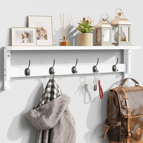 Amazon.com: AMBIRD Coat Rack Wall Mount with Shelf, 28.9 Inches Coat Hooks Wall Mounted with 5 Hooks, Hat Wall Hooks for Hanging in Entryway, Living Room, Bathroom, Bedroom (White, 28.9 * 4.5 inches) : Home & Kitchen Wood Coat Rack Wall, Coat Rack Wall Mount, Wood Coat Rack, Coat Hooks Wall Mounted, Hat Wall, Mantle Shelf, Bedroom White, Coat Rack Wall, Rustic Farmhouse Style