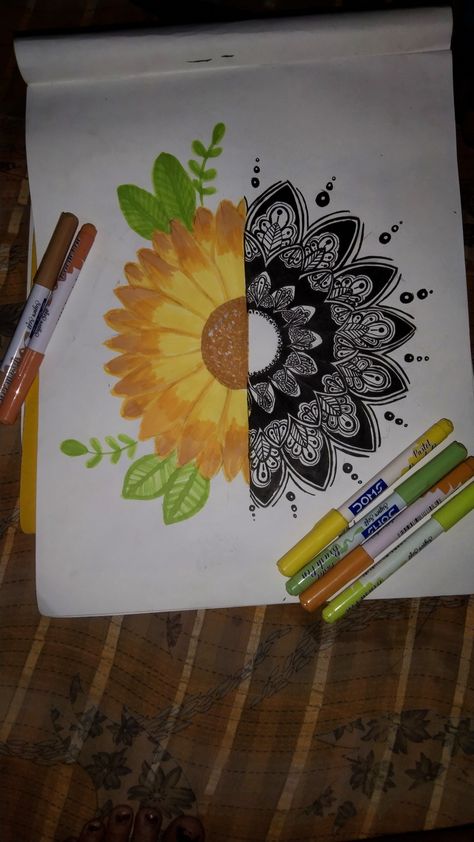 Difficult: medium Tools : Doms Pastel Brush Pens ,Black liner pen ,Protractor.. Pastel Brush Pen Art, Half Mandala Art, Brush Pens Art, Half Sunflower, Half Mandala, Brush Pen Art, Brush Pens, Black Liner, Pen Art